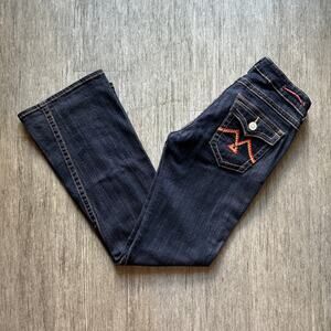 Vigoss Dark Wash Embroidered Pockets Asymmetrical Flare Bootcut Y2K Jeans Size 7